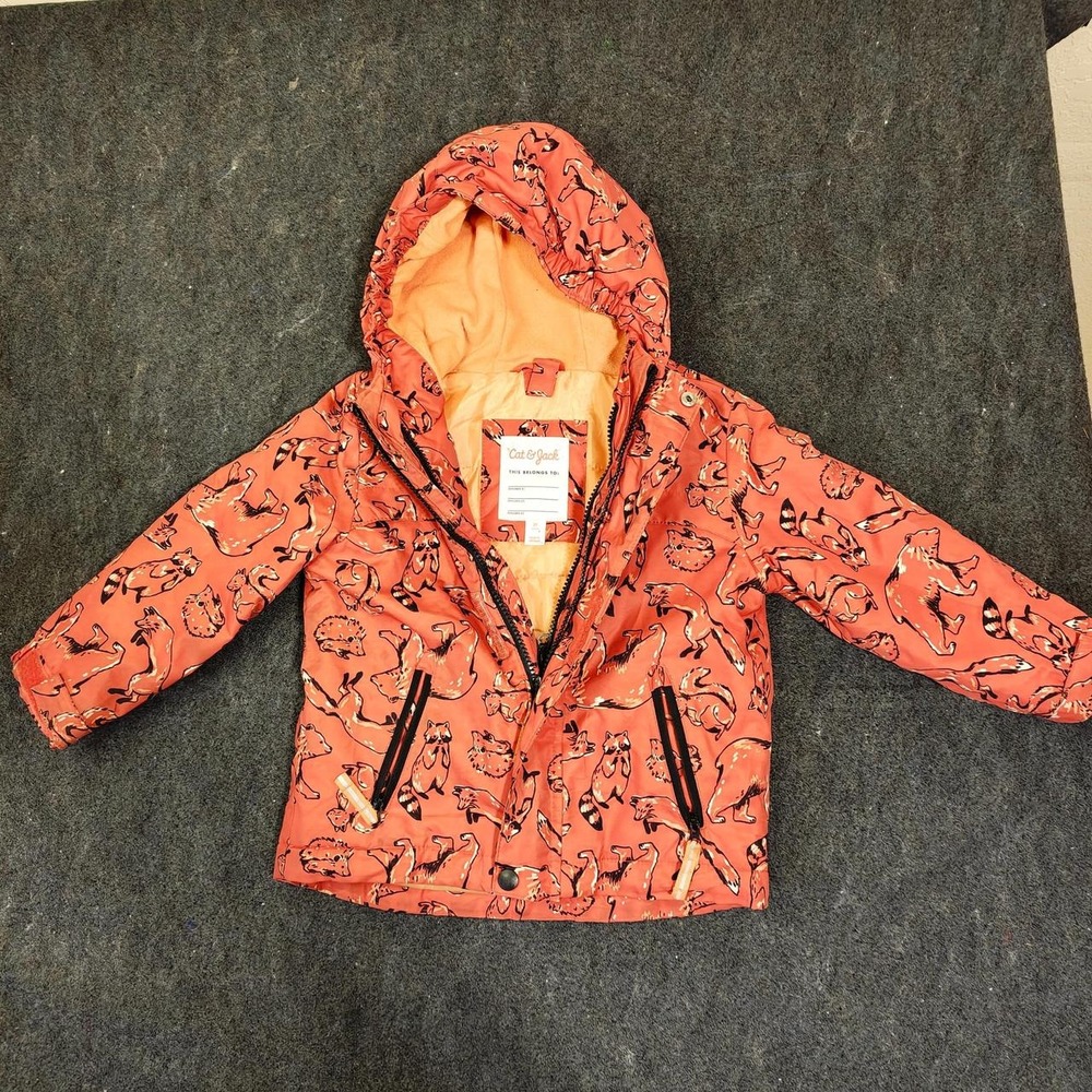 Cat & Jack Kids Orange Animal Print Rain Jacket Hooded Pockets 3T